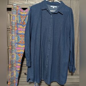 Denim Button-Up Tunic with Vibrant Patterned Leggins